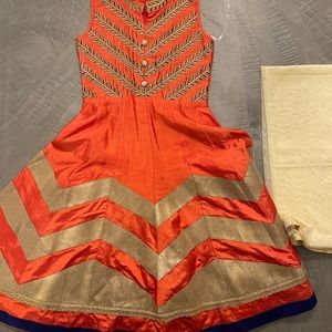 Elegant orange gold girls anarkali sleeveless dress size 26